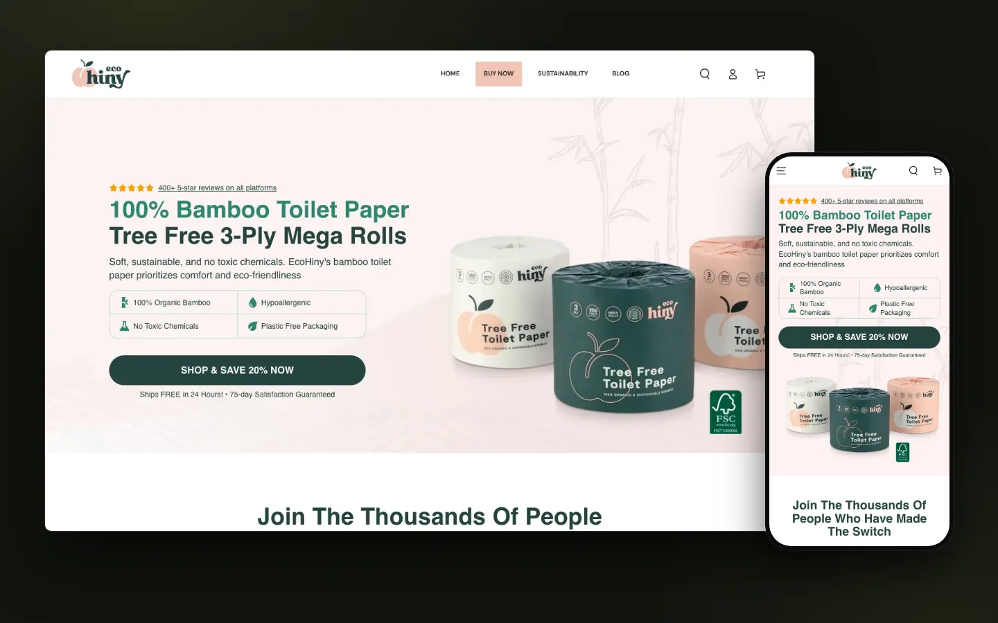 Eco Hiny bamboo toilet paper landing page on Shopify, desktop and mobile